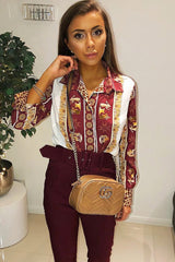 Burgundy Leopard Print Detail Satin Shirt - Corean-Shirts