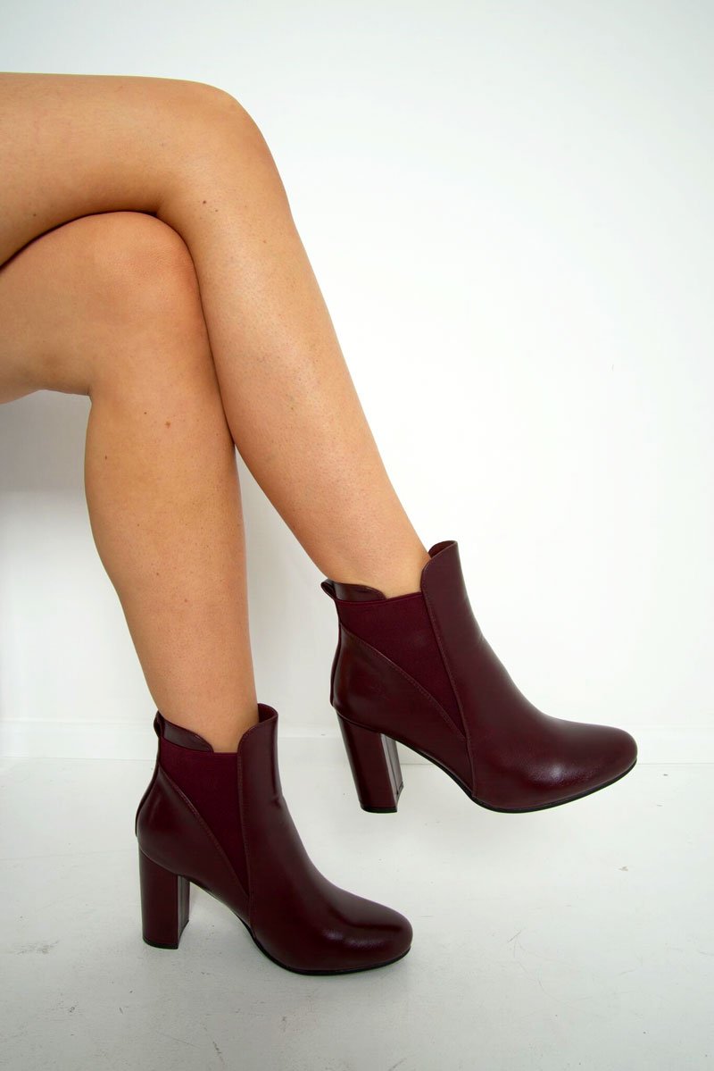 Burgundy PU Block Heel Ankle Boots - Karlei-Boots