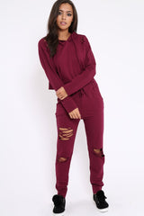 Burgundy Ripped Loungewear Set - Natalia-Loungewear