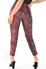 Burgundy Snake Coated Zip Front Trousers - Destynie-Trousers