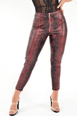 Burgundy Snake Coated Zip Front Trousers - Destynie-Trousers