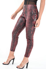 Burgundy Snake Coated Zip Front Trousers - Destynie-Trousers