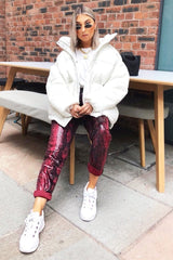 Burgundy Snake Coated Zip Front Trousers - Destynie-Trousers