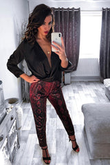 Burgundy Snake Coated Zip Front Trousers - Destynie-Trousers
