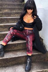 Burgundy Snake Coated Zip Front Trousers - Destynie-Trousers