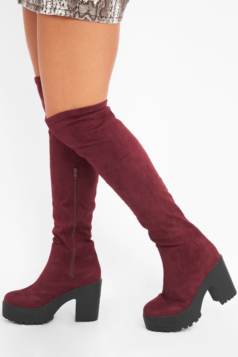 Burgundy Suede Platform Knee High Boots - Sandy-Boots