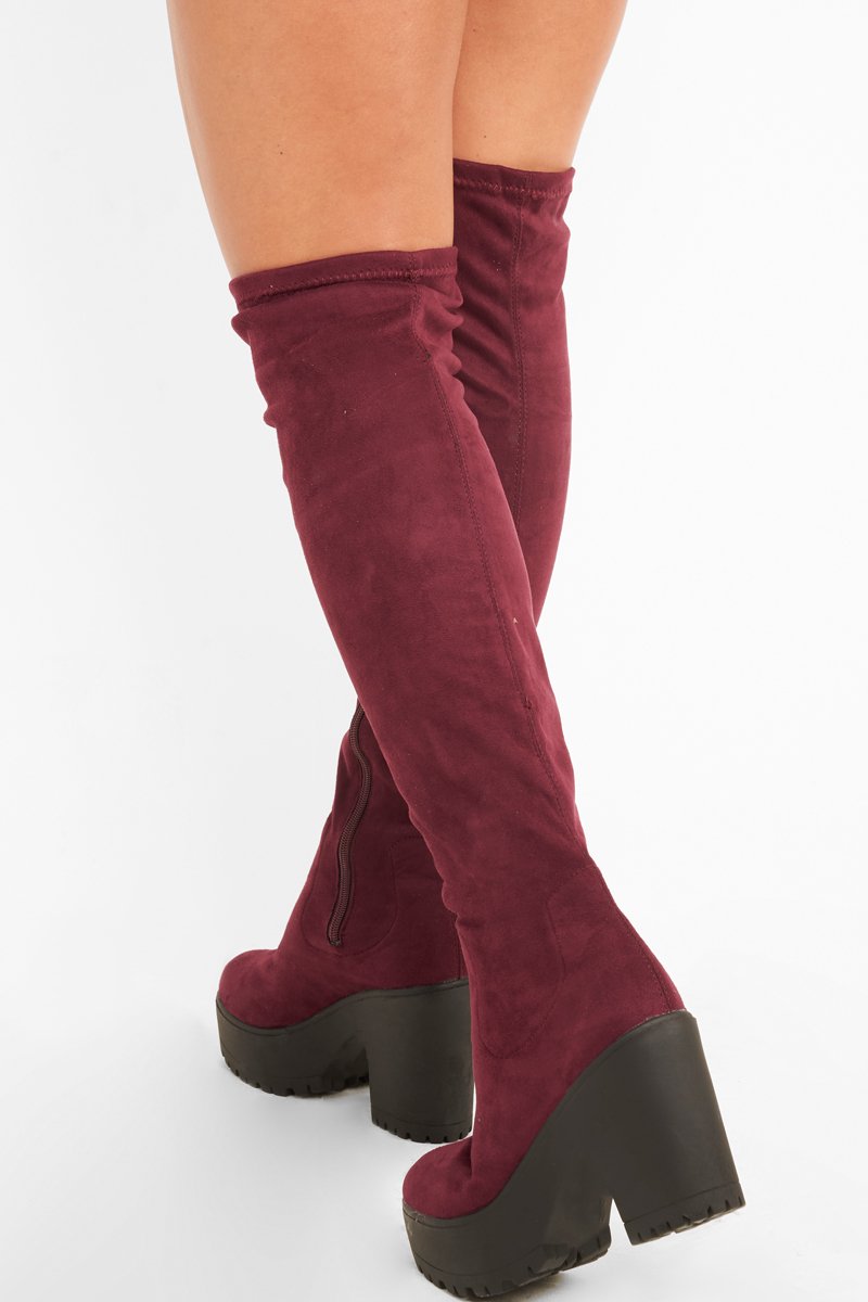 Burgundy Suede Platform Knee High Boots - Sandy-Boots