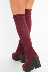 Burgundy Suede Platform Knee High Boots - Sandy-Boots