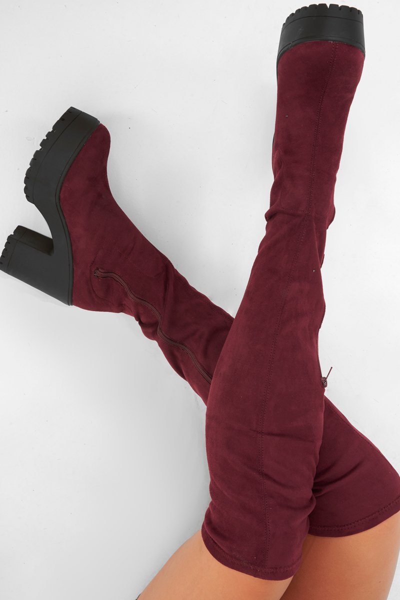 Burgundy Suede Platform Knee High Boots - Sandy-Boots