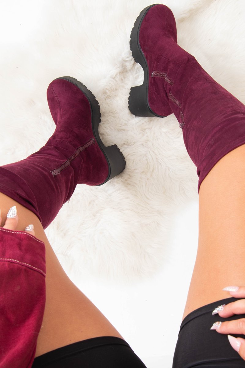 Burgundy Suede Platform Knee High Boots - Sandy-Boots