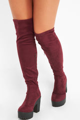 Burgundy Suede Platform Knee High Boots - Sandy-Boots