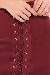 Burgundy Suedette Lace Up Skirt - Ressie-Skirts