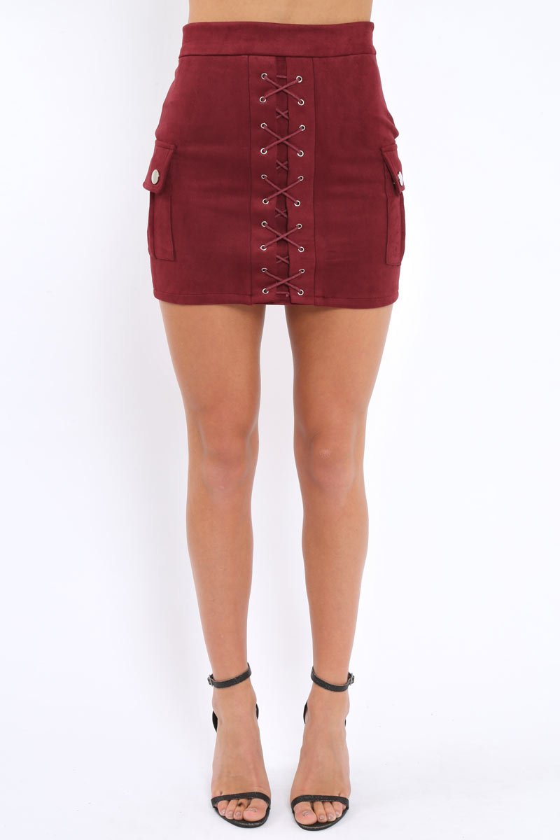 Burgundy Suedette Lace Up Skirt - Ressie-Skirts