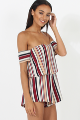Burgundy & White Striped Bardot Playsuit - Shayna-Playsuits