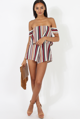 Burgundy & White Striped Bardot Playsuit - Shayna-Playsuits