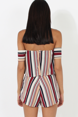 Burgundy & White Striped Bardot Playsuit - Shayna-Playsuits