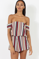 Burgundy & White Striped Bardot Playsuit - Shayna-Playsuits