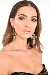 Burnished Gold Ornate Embellished Cross Earrings - Sayuri-Jewellery