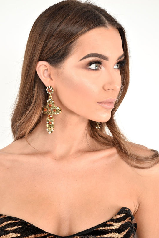 Burnished Gold Ornate Embellished Cross Earrings - Sayuri