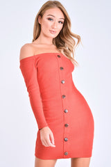 Burnt Orange Rib Button Down Mini Dress - Lorenna-Dresses