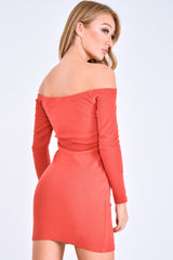 Burnt Orange Rib Button Down Mini Dress - Lorenna-Dresses