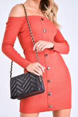 Burnt Orange Rib Button Down Mini Dress - Lorenna-Dresses