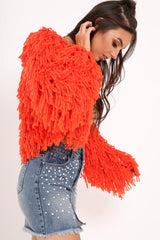 Burnt Orange Shaggy Crop Jacket - Neha-Jackets