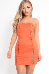 Burnt Orange Suede Lace Up Front Bandeau Mini Dress - Lily-Dresses