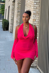 Hot Pink Mesh Cowl Neck Mini Dress - Cara