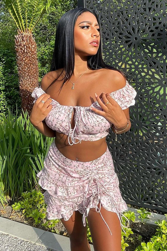 Pink Floral Print Bardot Crop Top & Frill Mini Skirt Set - Carly