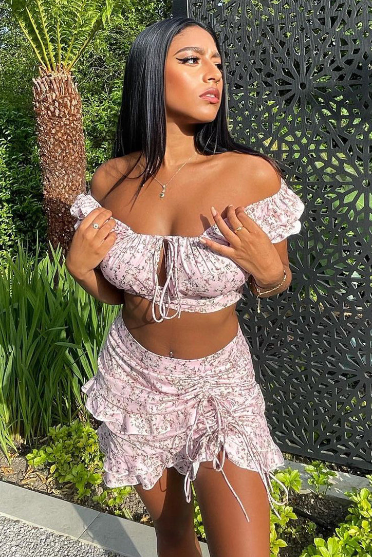 Pink Floral Print Bardot Crop Top & Frill Mini Skirt Set - Carly