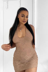 Mocha Textured Knitted Halter Neck Mini Dress - Carmo