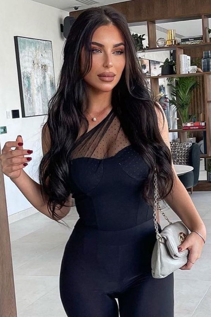 Black Polka Mesh Corset One Shoulder Bodysuit - Carrie