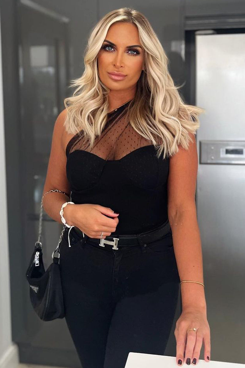 Black Polka Mesh Corset One Shoulder Bodysuit - Carrie