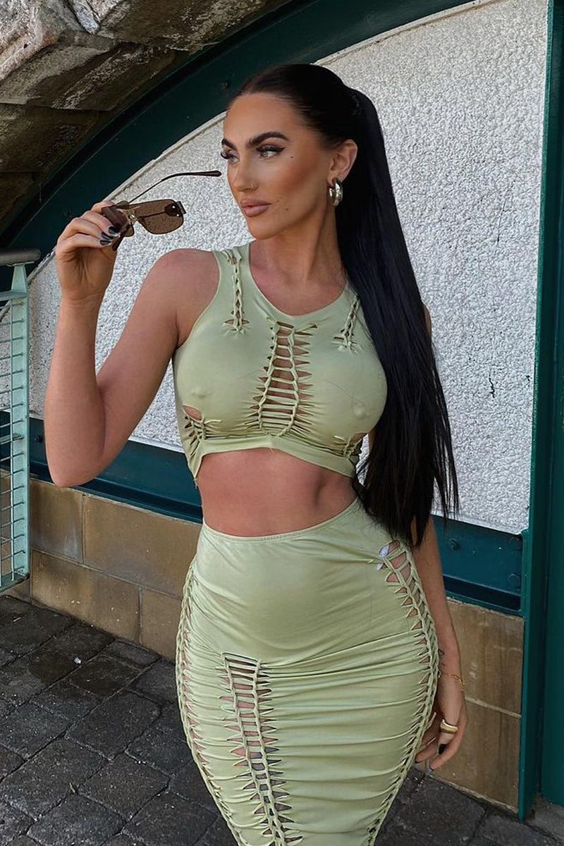 Sage Knot Cut Out Crop Top & Midi Skirt Set - Clara