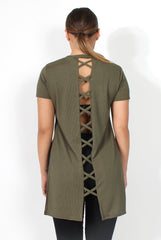 Cadence Khaki Cross Back Top-Tops