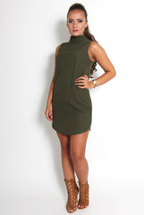 Caila Khaki High Neck Shift Dress-Dresses