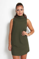 Caila Khaki High Neck Shift Dress-Dresses