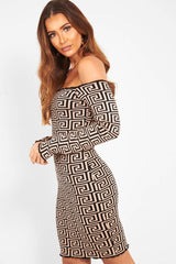 Camel Aztec Lettuce Hem Bardot Dress - Marleigh-Dresses