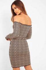 Camel Aztec Lettuce Hem Bardot Dress - Marleigh-Dresses
