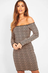 Camel Aztec Lettuce Hem Bardot Dress - Marleigh-Dresses