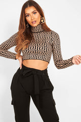 Camel Aztec Print Fine Knit Crop Jumper - Harlen-Crop Jumper
