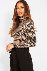 Camel Aztec Print Fine Knit Crop Jumper - Harlen-Crop Jumper