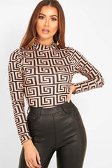 Camel Aztec Print High Neck Long Sleeve Bodysuit - Bellemy-Bodysuits