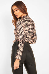 Camel Aztec Print High Neck Long Sleeve Bodysuit - Bellemy-Bodysuits