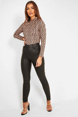 Camel Aztec Print High Neck Long Sleeve Bodysuit - Bellemy-Bodysuits