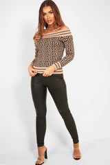 Camel Aztec Print Rib Detail Crop Jumper - Khaila-Jumper