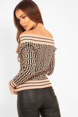 Camel Aztec Print Rib Detail Crop Jumper - Khaila-Jumper