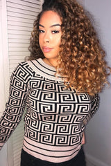 Camel Aztec Print Rib Detail Crop Jumper - Khaila-Jumper