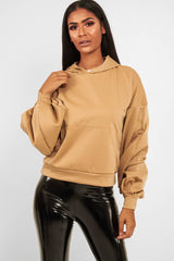 Camel Balloon Sleeve Pocket Front Hoodie - Lainee-Hoodies